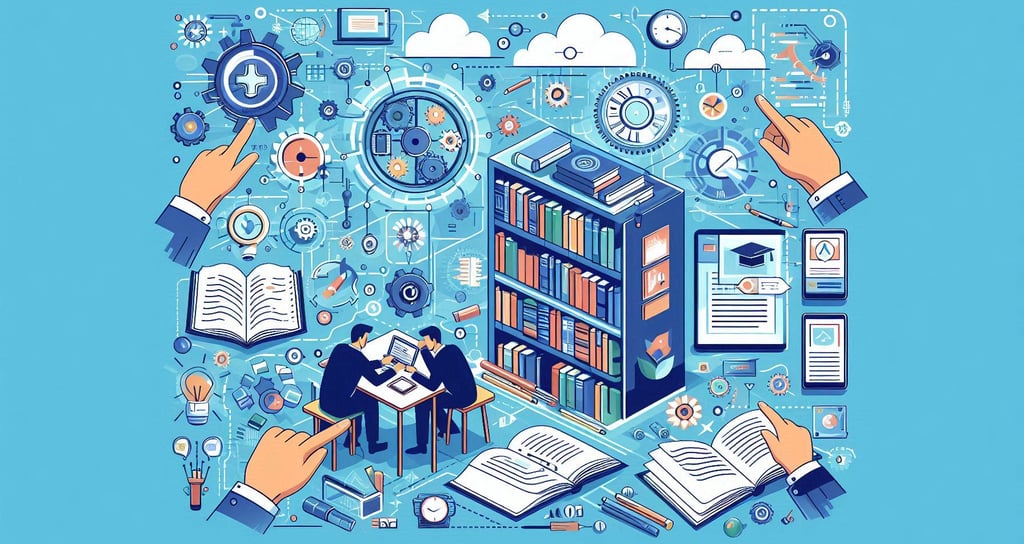 a person sitting at a table with books and a laptop in library