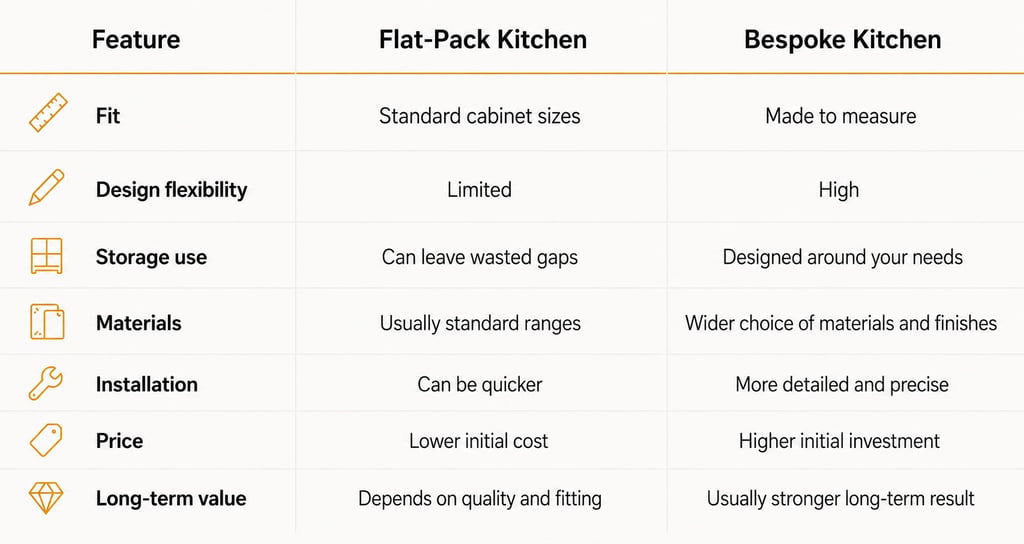 Bespoke kitchen vs flat-pack kitchen comparison table