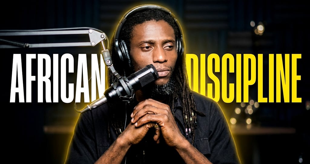 Glody kikonga wearing headphones discussing African discipline behind a studio microphone.