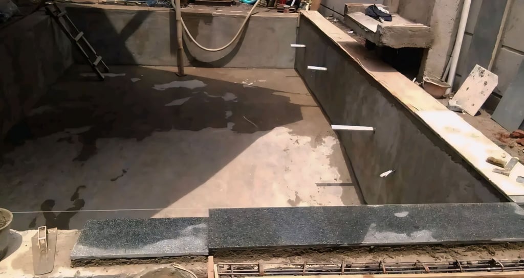 proses pemasangan batu bibir kolam renang 