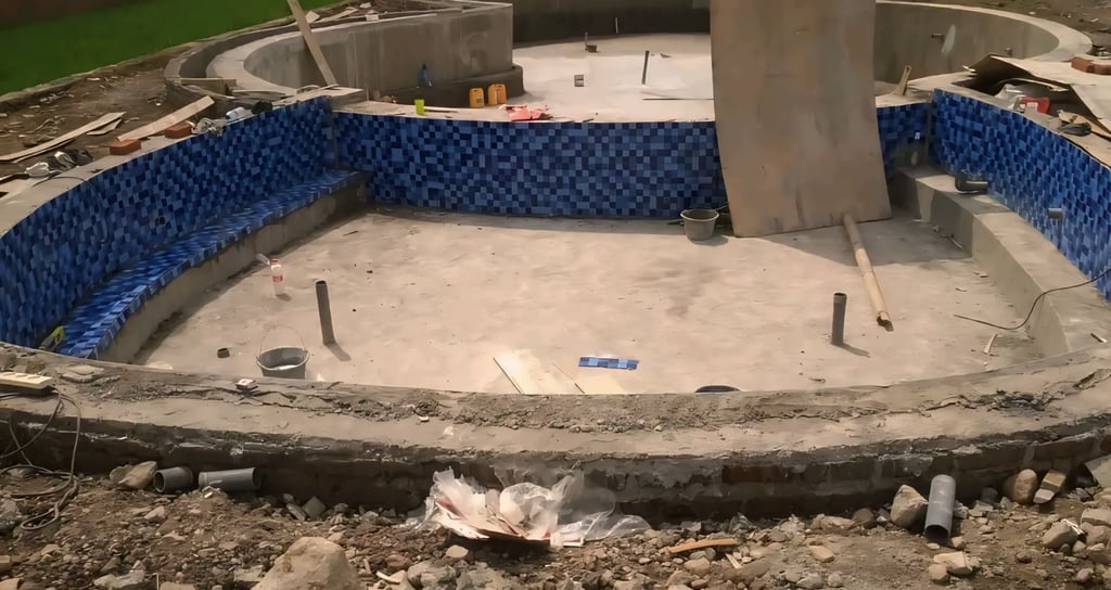 proses pemasangan mozaik kudalaut pada kolam renang