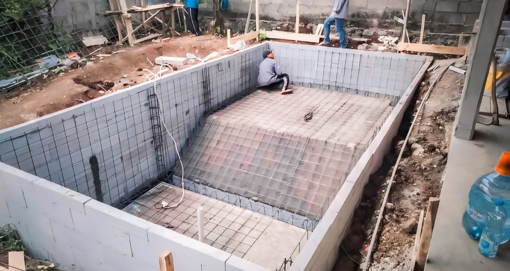 pemasangan struktur dan gelaran kolam renang struktur beton.