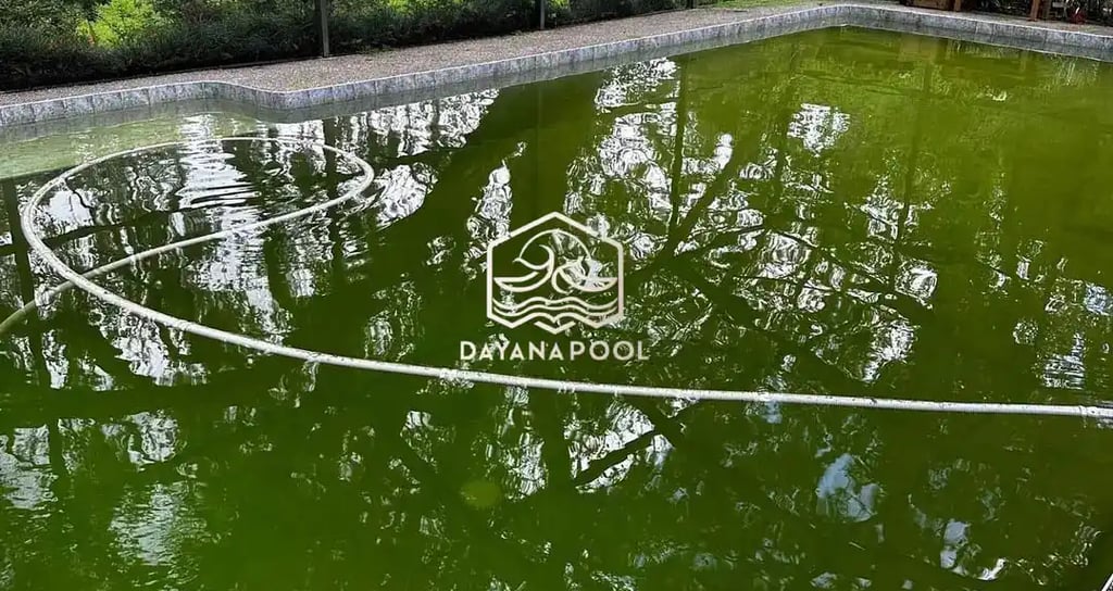 kolam renang dengan masalah air yang hijau dan berlumut.