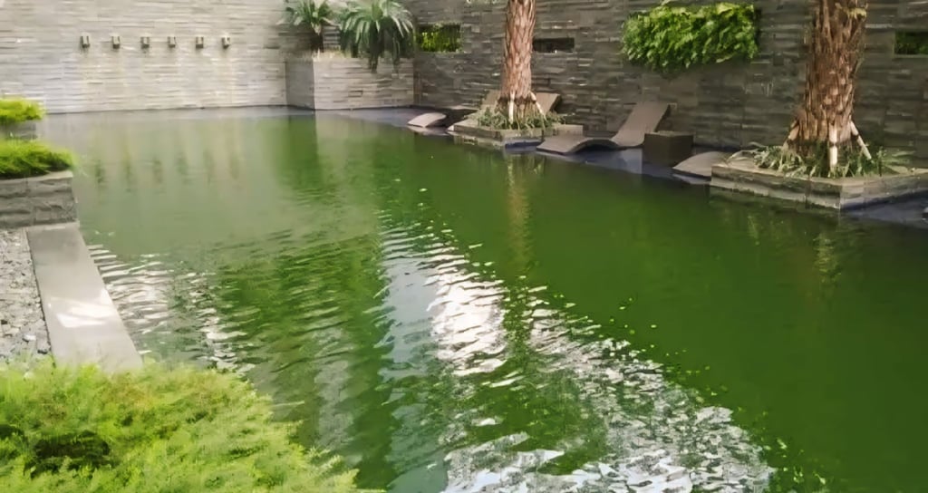 kolam renang denganair berwarna hijau yang perlu perawatan khusu