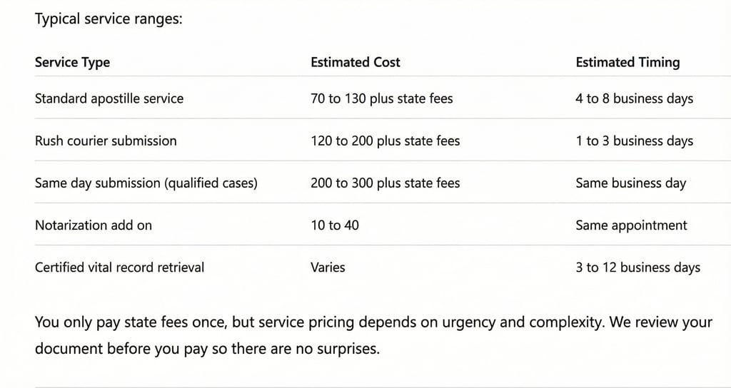 Pricing table for standard, rush, and same-day apostille services, including estimated costs and tur