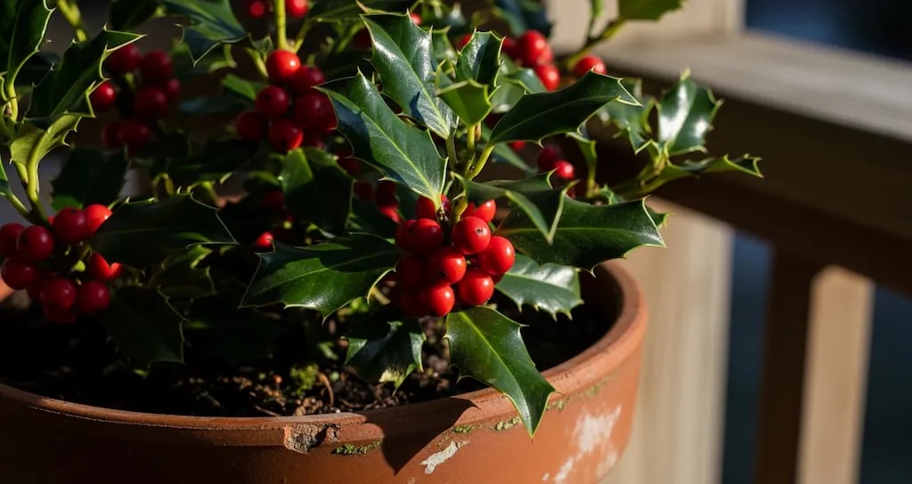 Un arbusto de Acebo en maceta con hojas espinosas y bayas rojas brillantes, símbolo de la Navidad.