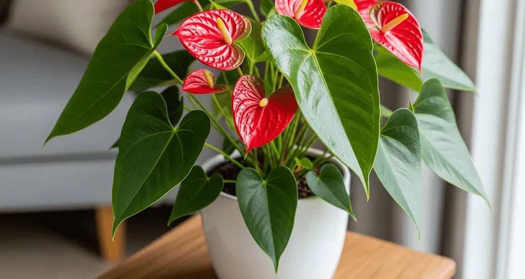 Un Anturio Rojo con flores brillantes en forma de corazón y hojas verdes lustrosas en maceta blanca.