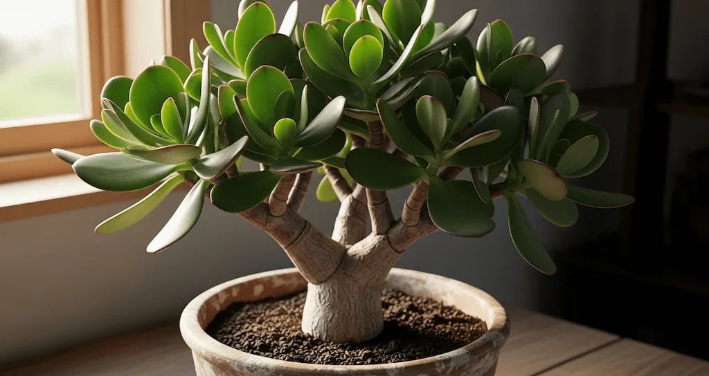 Un Árbol de Jade (Crassula ovata) con hojas carnosas en una maceta, la planta del dinero