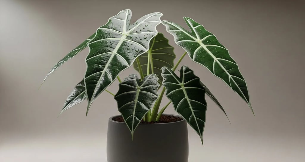 Alocasia Polly u Oreja de Elefante Mini con hojas oscuras y venas blancas marcadas.