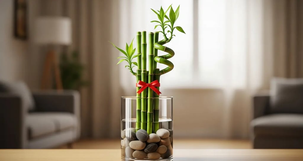 Bambú de la Suerte en jarrón de cristal con piedras y lazo rojo, planta ideal para Feng Shui.