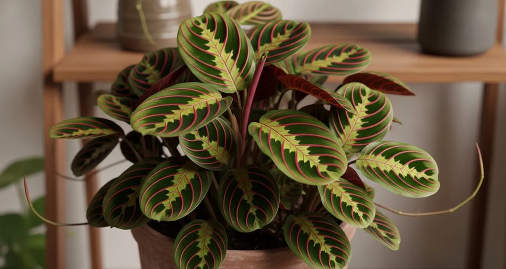 Maranta leuconeura o Planta de la Oración con sus características venas rojas.
