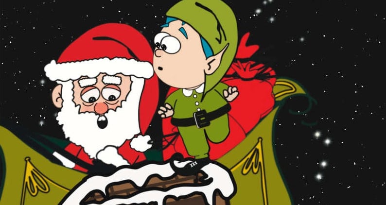 Elf getting out of Santa's sleigh onto a chimney.