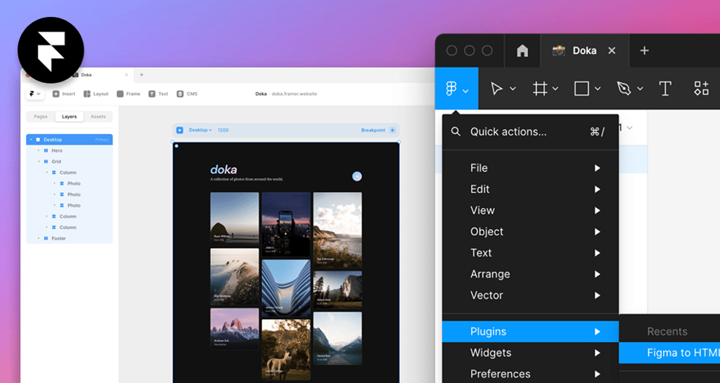 Imagem que mostra um desktop com uma imagem do plugin do Figma para o Framer