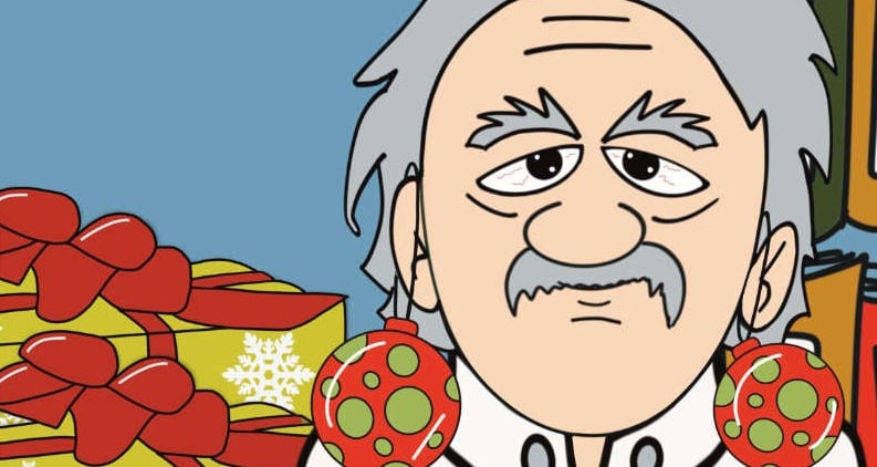 Man with Christmas ornaments as earrings