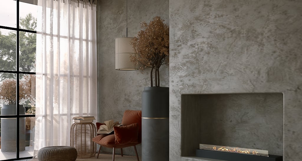 a living room with a fireplace and a large window