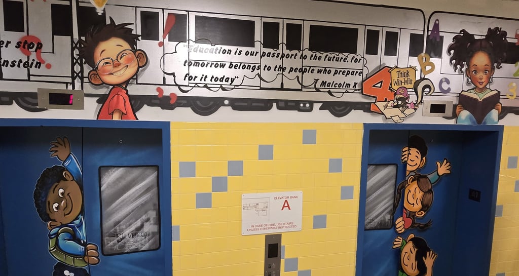 The image of a train and children created to celebrate the school's 10th anniversary.