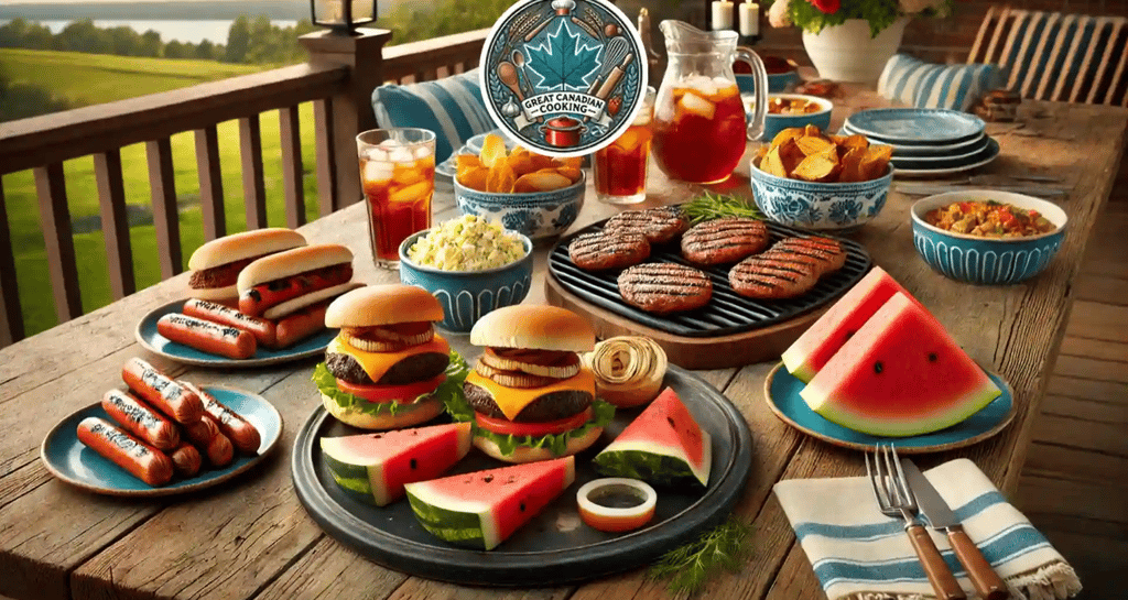 Burgers, hot dogs, iced tea, and watermelon on a rustic deck table set for a Canadian summertime bbq
