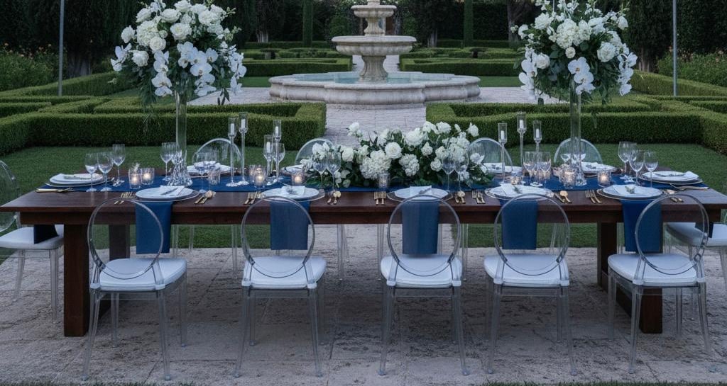 Montaje de cena de gala nocturna en exterior con iluminación de guirnaldas LED en Málaga