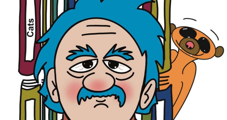 Man with bookshelf and meerkat behind him