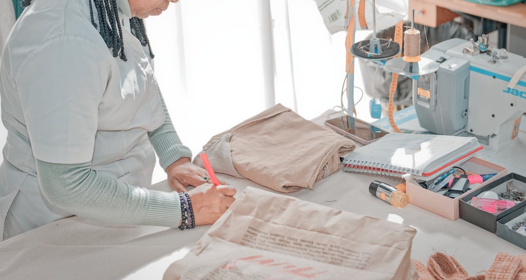 Modista trabajando en un taller de costura, marcando una prenda doblada sobre la mesa junto a una má
