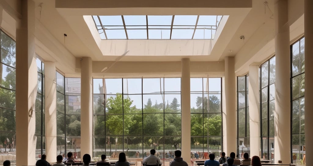 Evening scene of the faculty courtyard lit by warm lights with students chatting