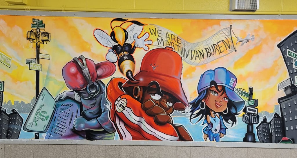 An image of rappers and a DJ painted inside of a school that has a recording studio.