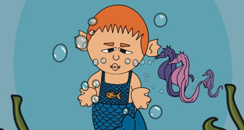 mermaid boy underwater with seahorses