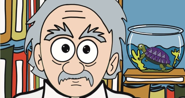 Man with a bookshelf and a turtle in a fishbowl