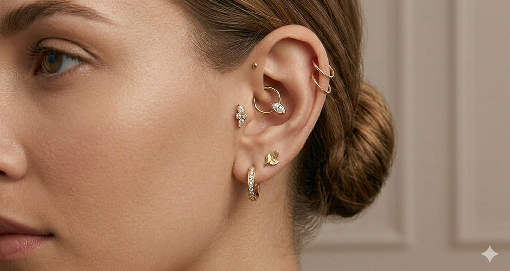 אוזן עם פירסינגים יוקרתיים מזהב ויהלומים, כולל טראגוס, דאית' ותנוך