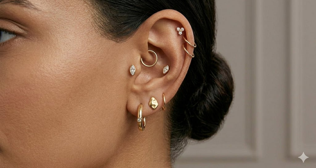 אוזן מעוצבת בסגנון יוקרתי עם עגילי חישוק מזהב, יהלומים ופירסינג הליקס