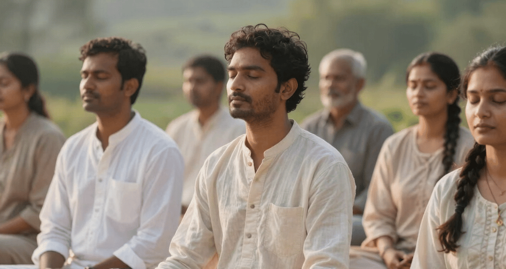 A family enjoying a guided meditation outdoors amidst lush greenery.