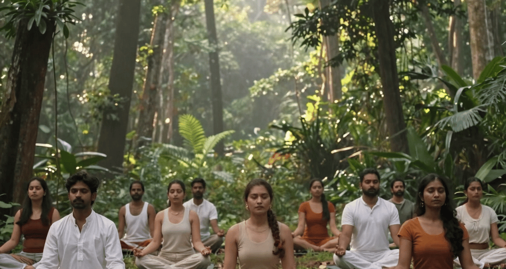 Children practicing foundational yoga poses together in a sunlit studio.