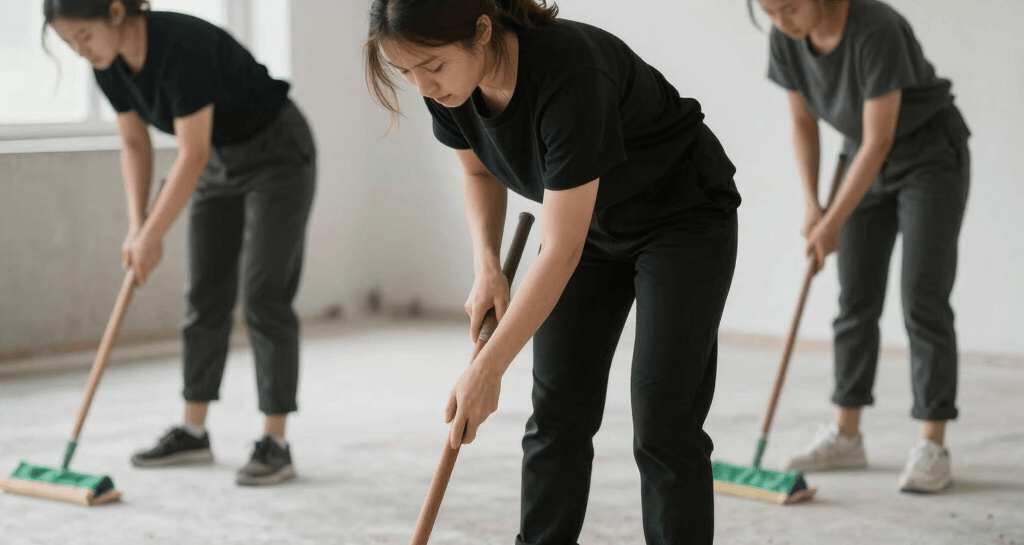 Workers cleaning dust and debris from a newly renovated room in Palma de Mallorca.