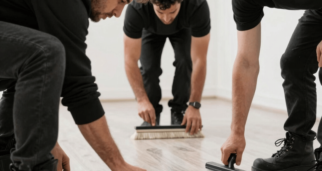 Team of cleaners in blue uniforms tidying up a freshly painted living room.