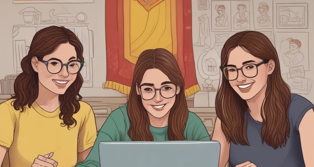 A smiling teacher engaging with a group of diverse students during a live online Spanish lesson.