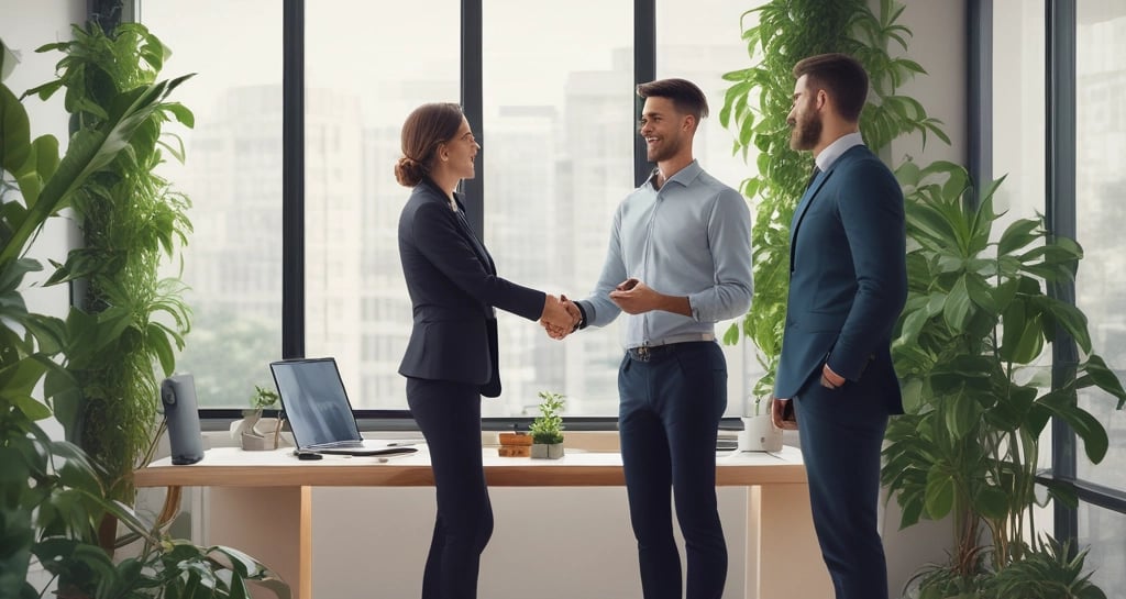 Photo of Márcio consulting a client over digital marketing strategies in a bright office