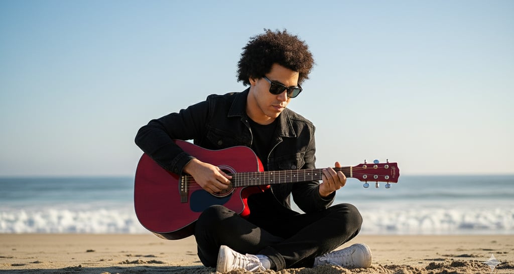 Sitting on Sand with Guitar