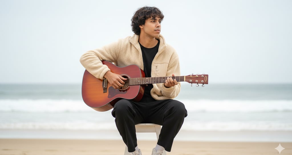 Teddy-Fleece Beach Guitar Portrait