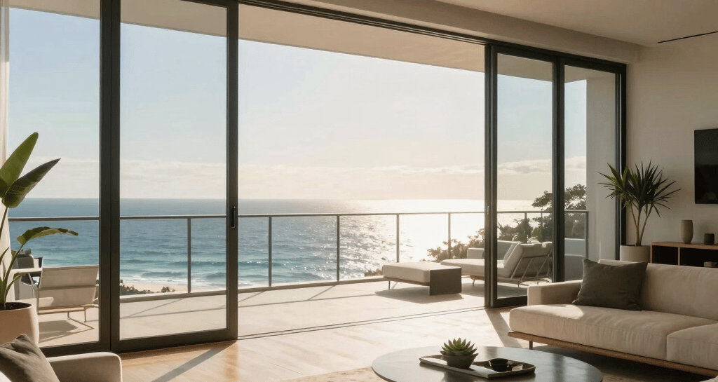Bright living room of a Gold Coast home with modern decor and natural light.