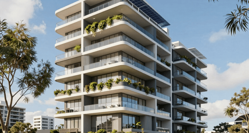 A modern apartment building bathed in warm afternoon light, showcasing clean lines and balconies with greenery.