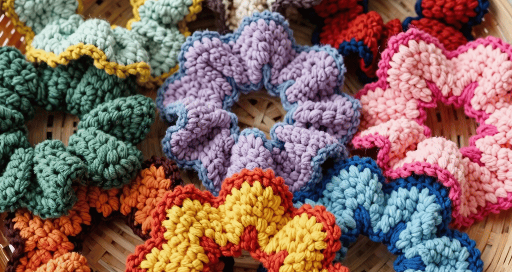 A collection of multicolored scrunchies arranged in a playful spiral on a white background.