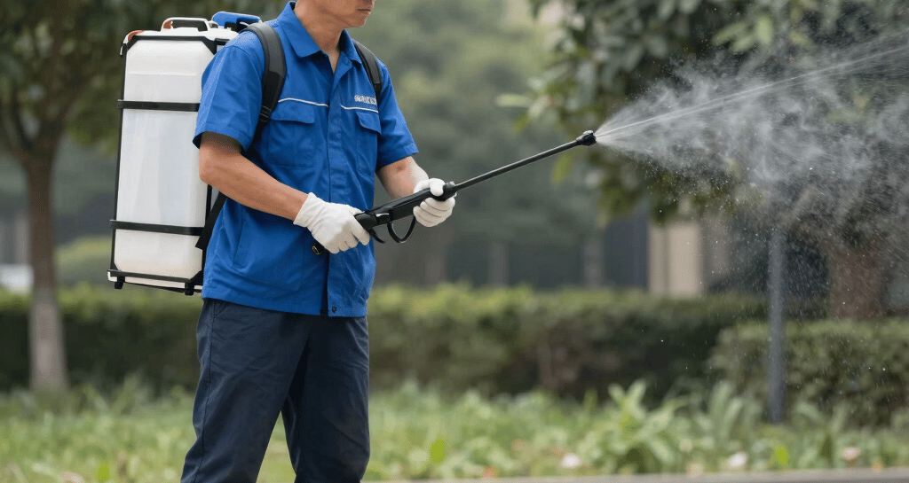 Detailed shot of eco-friendly insecticide being applied around a restaurant area.