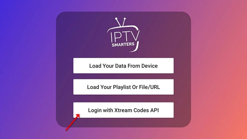 IPTV Smarters Pro login screen highlighting the Login with Xtream Codes API option.