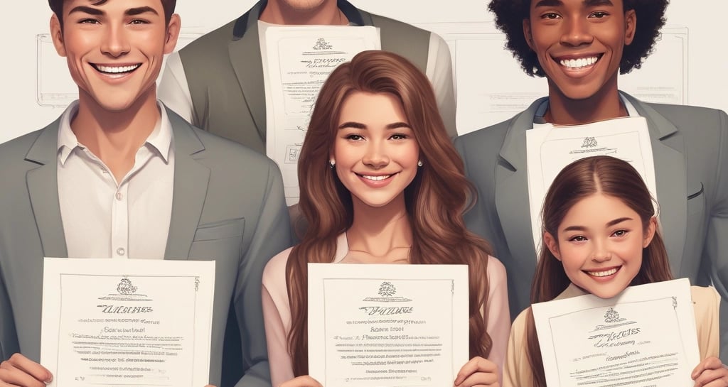A group photo of diverse people proudly displaying their beauty and handsome certificates