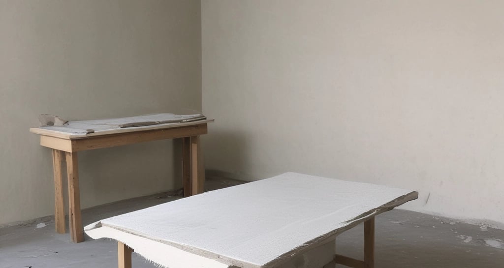 Tools and materials laid out for drywall coating including joint compound and trowels.