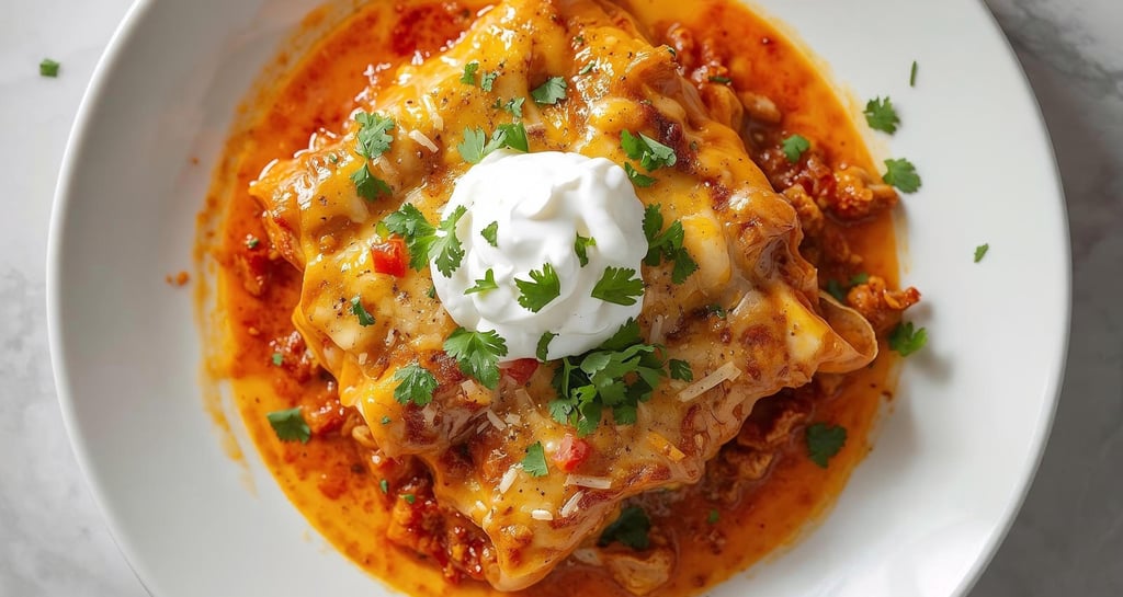 Cheesy baked chicken enchiladas topped with sour cream and fresh cilantro in a red sauce.