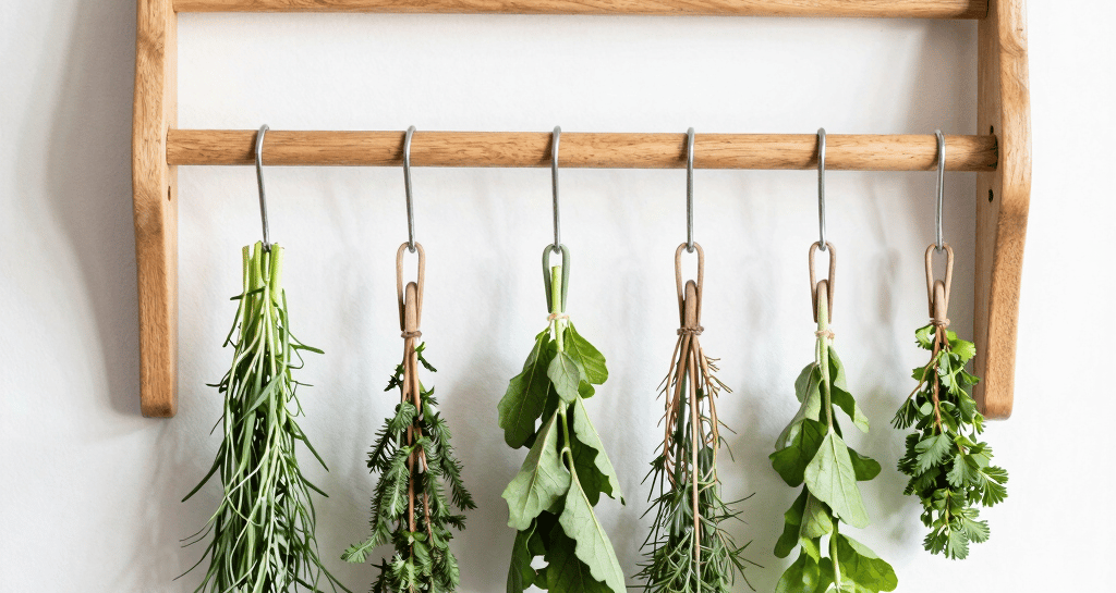 A cozy kitchen corner with jars of herbs, tinctures in progress, and handwritten labels showcasing homemade care.