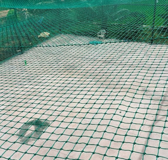 A rooftop cricket net installation with clear blue sky in Bengaluru.