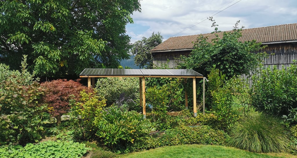 A wooden garden pergola with integrated solar panels installed in a lush backyard landscape.