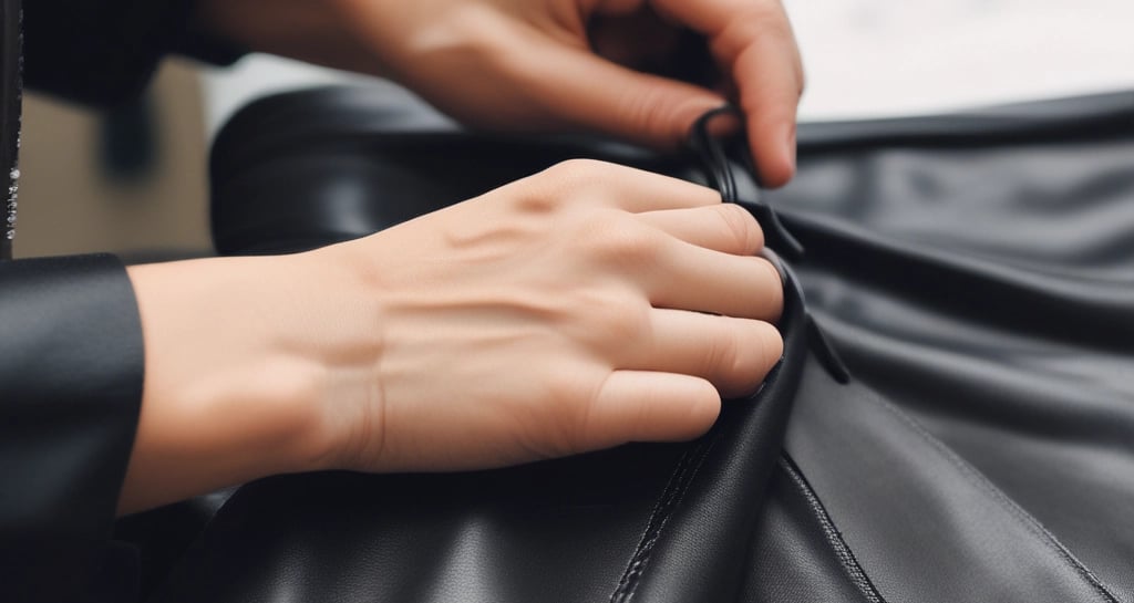 Close-up of skilled hands stitching a sleek leather jacket.